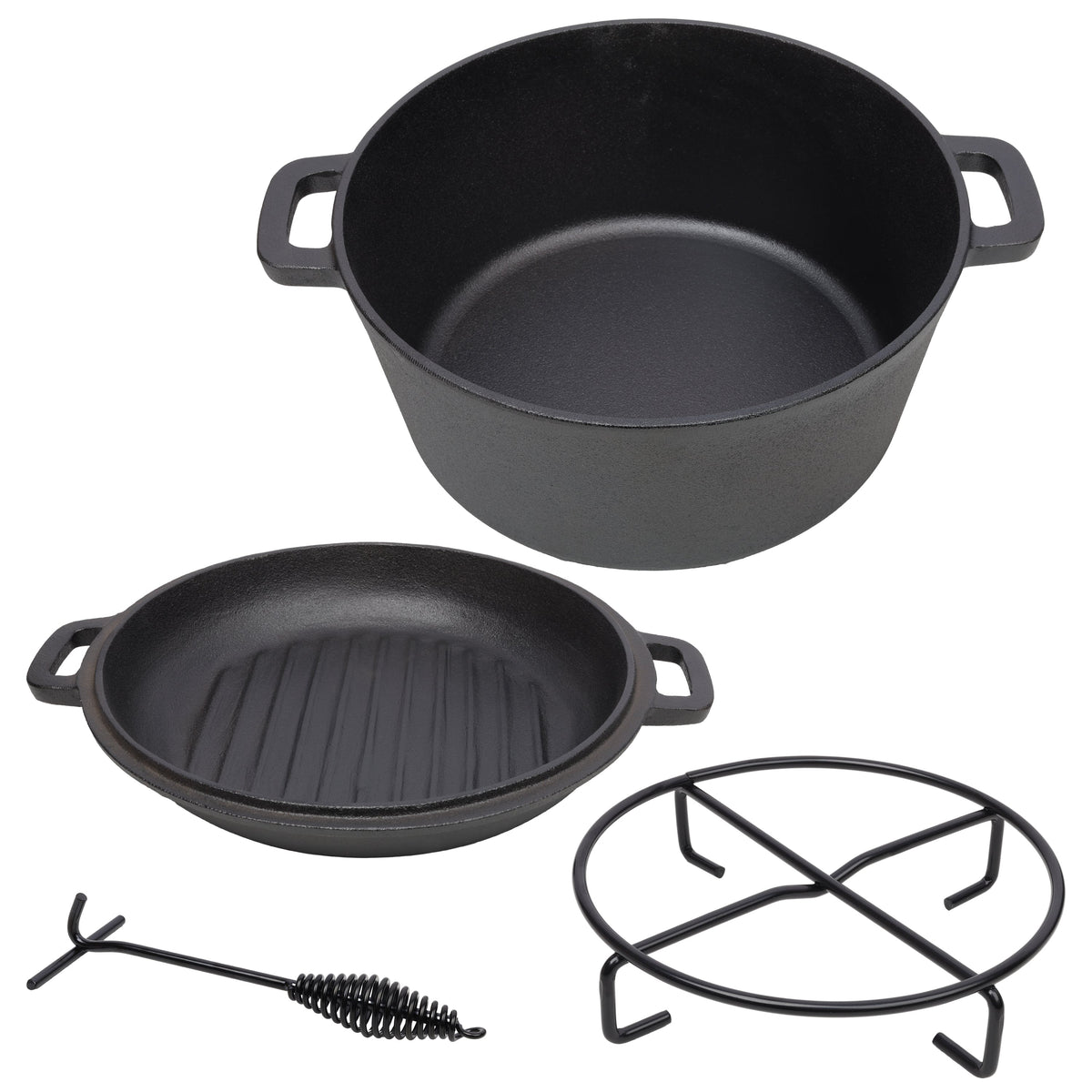 3 in 1 Pre-Seasoned Cast Iron Dutch Oven, Outdoor Camping Deep Pot, 5 Quart. Cover As A Skillet with Ribbed Bottom Design. With 1PC Iron Pot Rack, 1PC Lid Lifter.