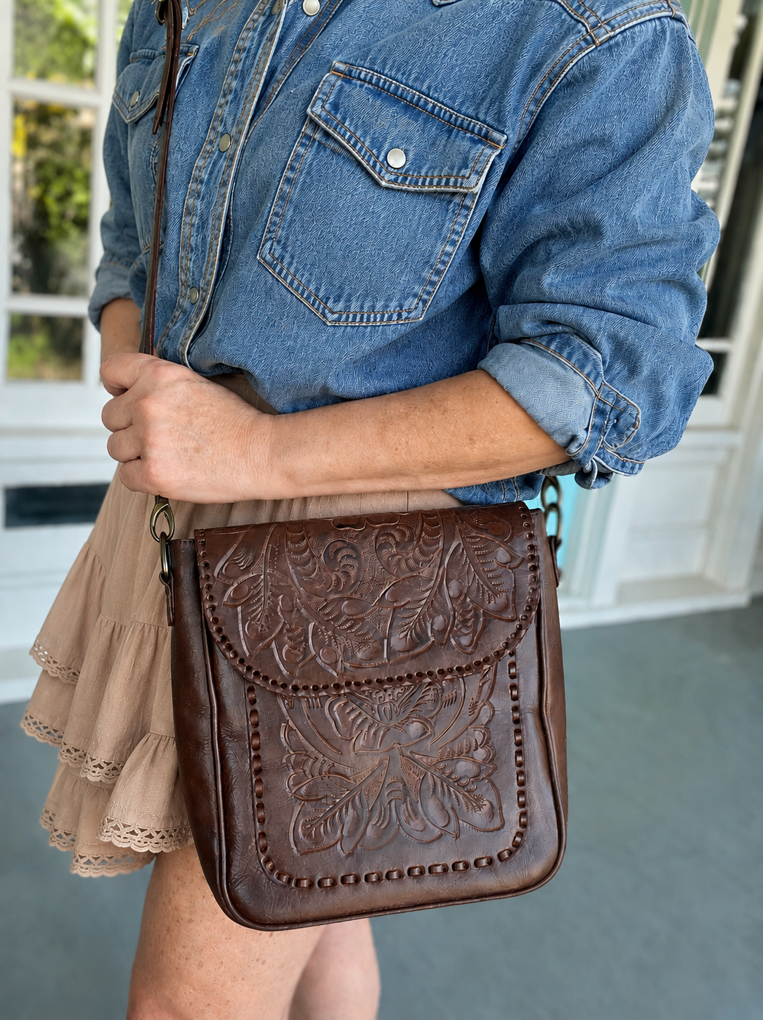 The Kimberly | Hand-Tooled Leather Messenger Bag