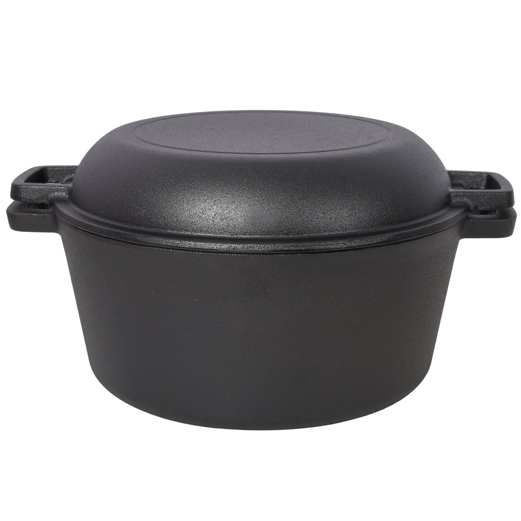 3 in 1 Pre-Seasoned Cast Iron Dutch Oven, Outdoor Camping Deep Pot, 5 Quart. Cover As A Skillet with Ribbed Bottom Design. With 1PC Iron Pot Rack, 1PC Lid Lifter.